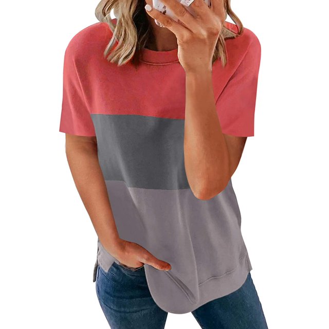 Womens Striped Color Block Short Sleeve Causal Blouses T Shirts Tops