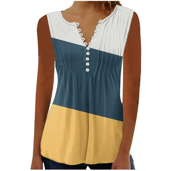 Timegard Tank Top for Women Sleeveless Tunic Top Ruched Notched V Neck Button Dressy Casual Tee Color Block