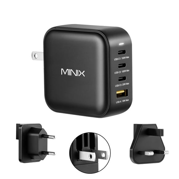 MINIX NEO P3 100W Turbo 4-Ports GaN Wall Charger, 3 x USB-C Port Fast Charging Adapter(Max 100W/20W), 1 USB-A (Max 18W). Compatible with MacBook Pro Air, i