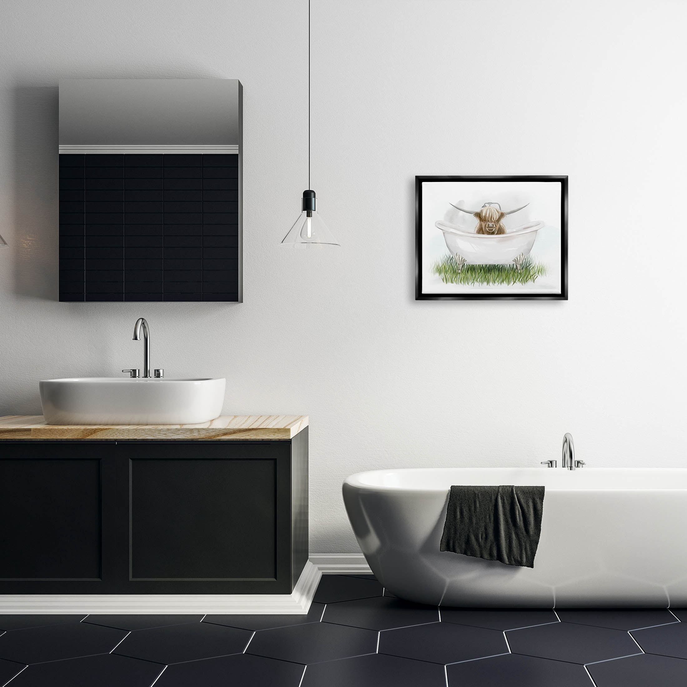 Country Highland Cattle Bathtub Animals & Insects Graphic Art Jet Black Framed Art Print Wall Art
