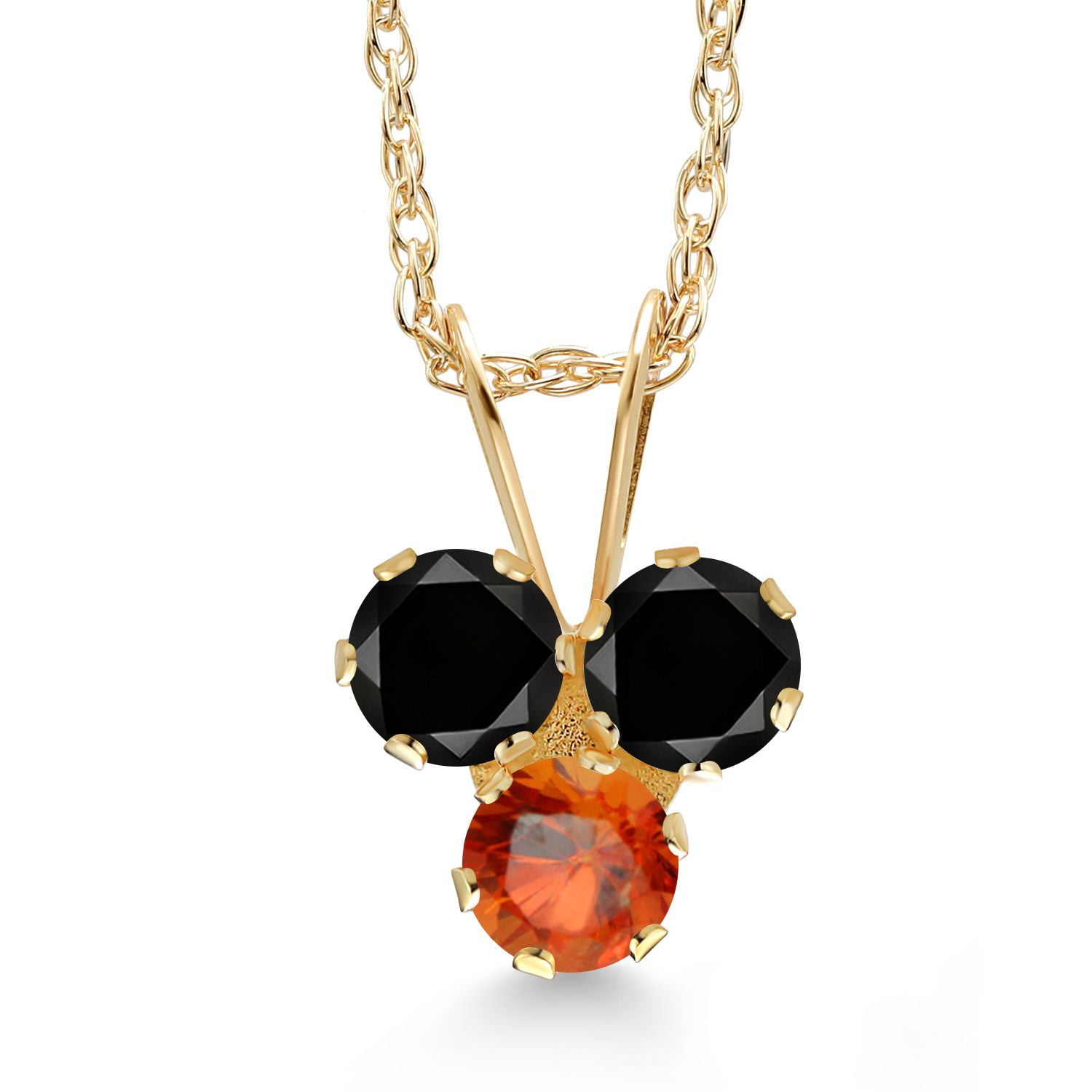 Gem Stone King 14K Yellow Gold Black Diamond and Orange Sapphire 3-Stone Pendant Necklace for Women (0.36 Cttw, Gemstone April Birthstone, Round 3MM, 18 inch Chain)