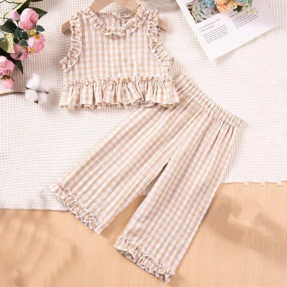 NAISIBABY Girl's Sets 2-Piece, Ruffles Sleeveless Tops and Flounce Pants Plaid Graphic Summer Fashion Outfits Beige 1-2T