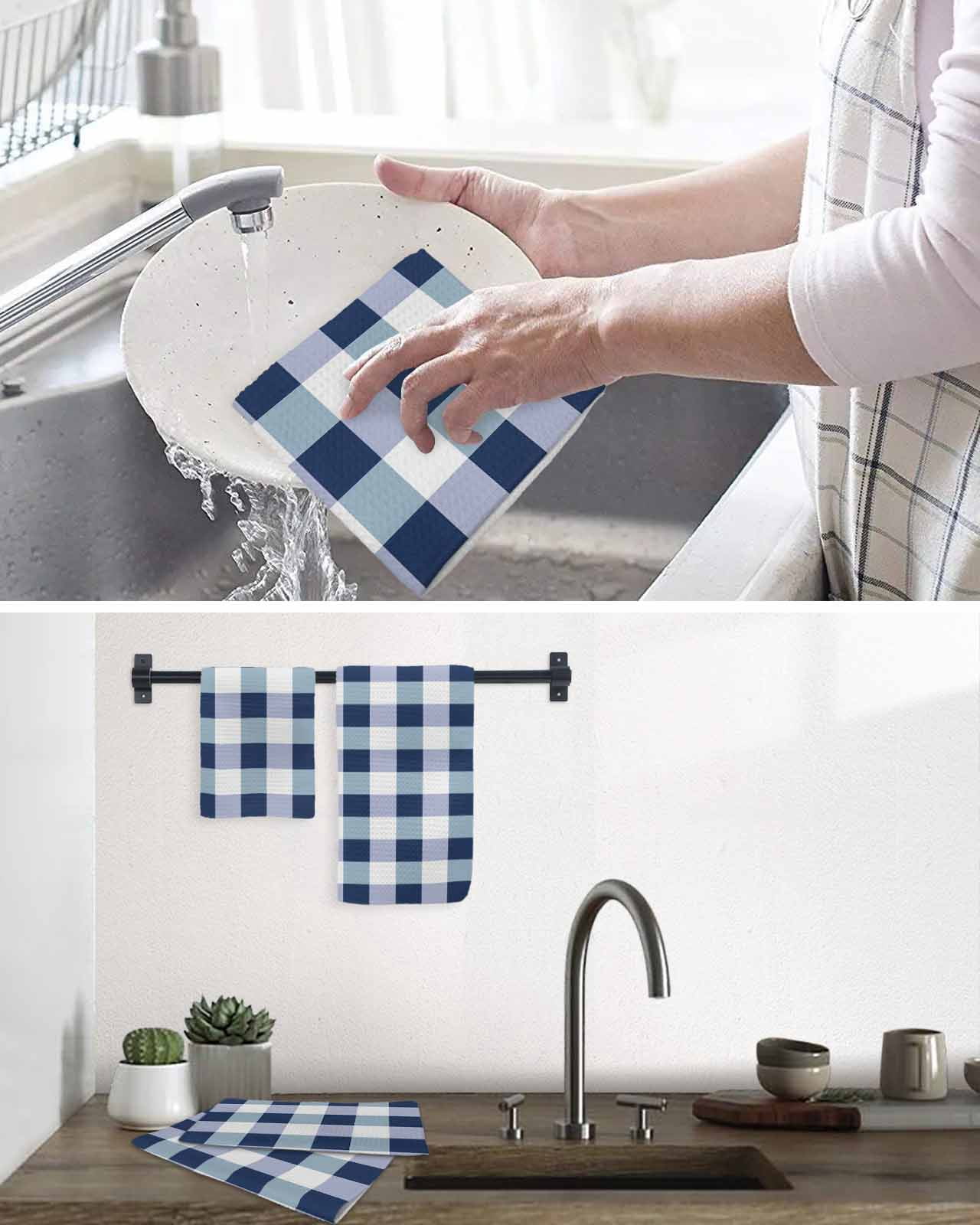 Navy Blue Plaid Kitchen Dish Towels for Drying Dishes Set of 4, Spring Farmhouse Buffalo Checkered Waffle Weave Microfiber Hand Tea Bathroom Towels Quick Dry & Absorbent Towel 15.7x23.6