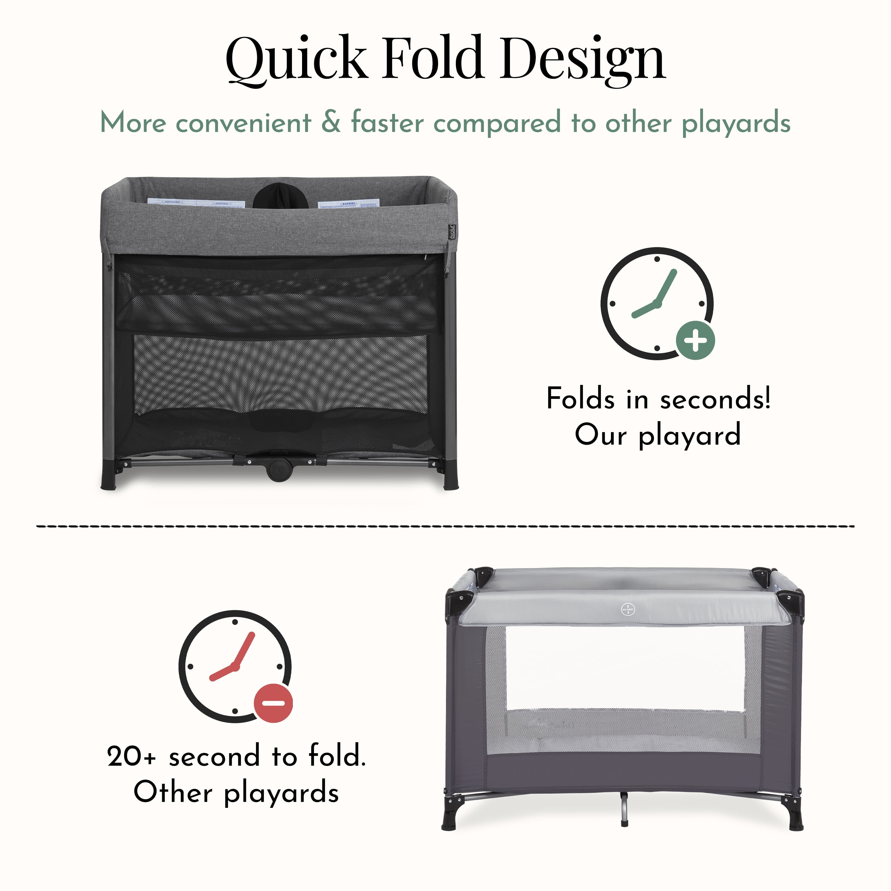 Evolur Zane Portable Playard with Bassinet Gray, Quick and Easy to Fold Baby Playard, Includes Thick Foam Mattress Pad with Removable & Washable Cover