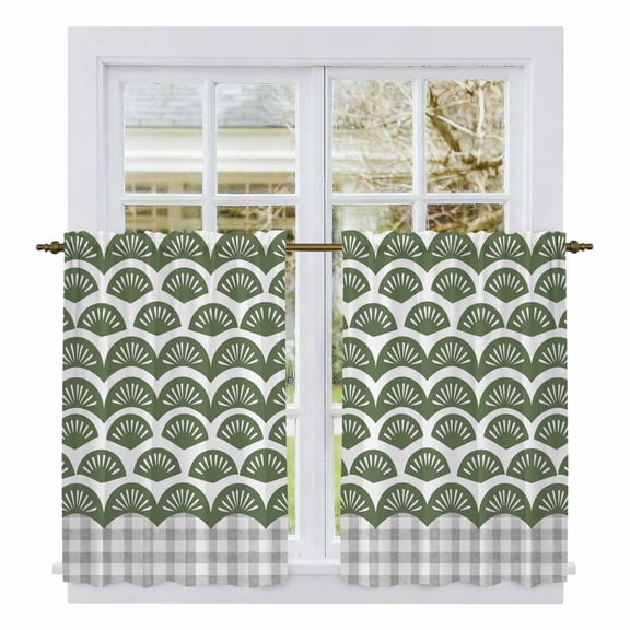 Sage Green Pine Leaves Tier Curtains 54 Inch Length, Abstract Geometric Gray Plaid Cafe Short Curtains for Bathroom Over Sink, Small Kitchen Curtain Light Filtering Tiered Drapes 2 Panels 27.5"Wx54"L