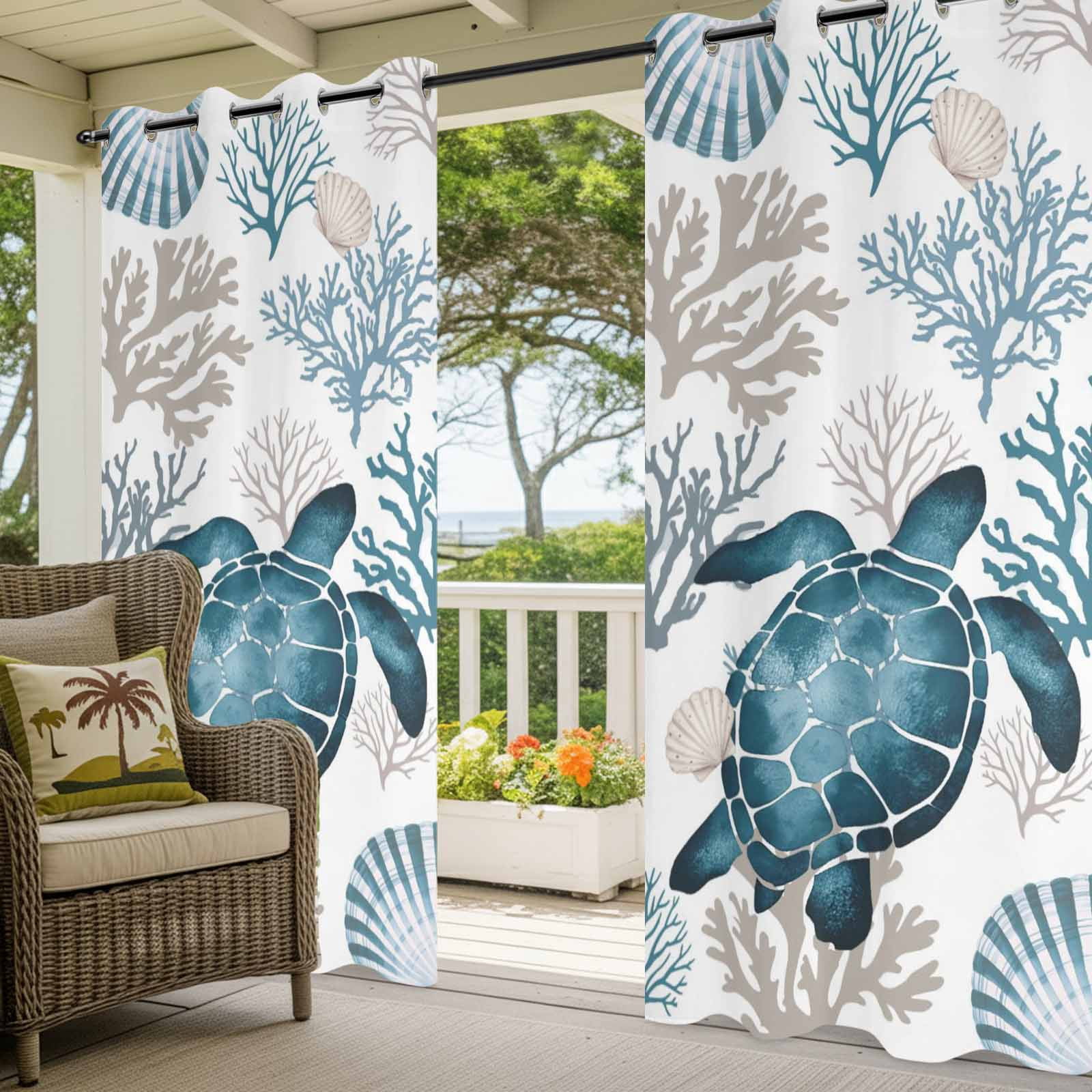 Coastal Sea Turtle Outdoor Curtains for Patio, Blue Gray Shell Coral Ocean Summer Sunshade Privacy Drapes Grommet Waterproof Outside Curtains for Porch/Cabana/Balcony 54"x 108", 2 Panel