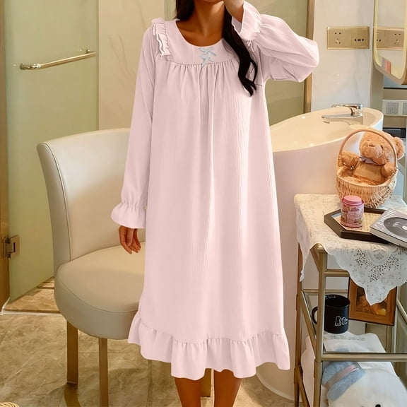 Blmnix Women Nightgown Long Sleeve Mumu Sleepshirts Red Crew Neck Sleep Dress