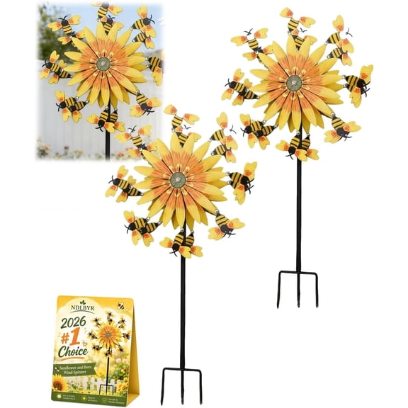 3D Metal Sunflower Bee Wind Spinner Garden Stake, UV Resistant Kinetic Wind Sculpture Rotating Windmill Yard Art Decor for Patio Lawn Farm Outdoor, 2 Pack