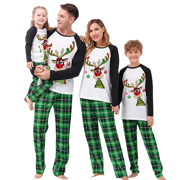 Family Matching Christmas Pajamas, Deer Print Long-Sleeved Round Neck Tops Plaid Trousers Sleepwear Outfits