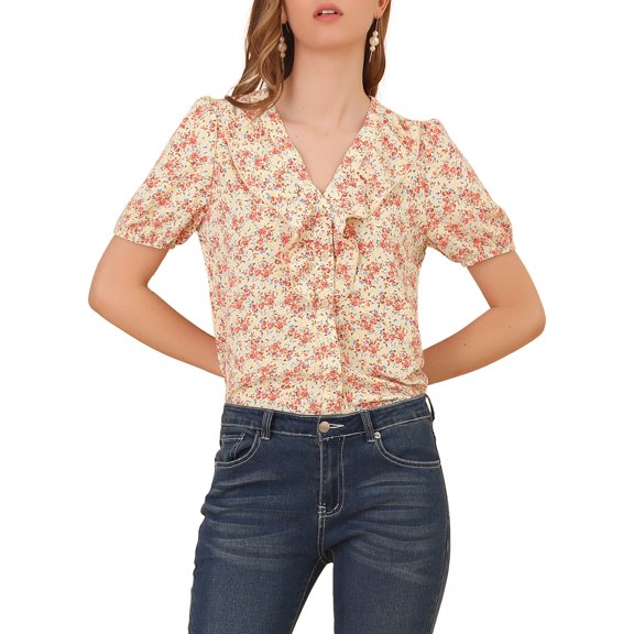 Allegra K Women's Floral Print Rufle Button Up Puff Short Sleeves Blouse Top