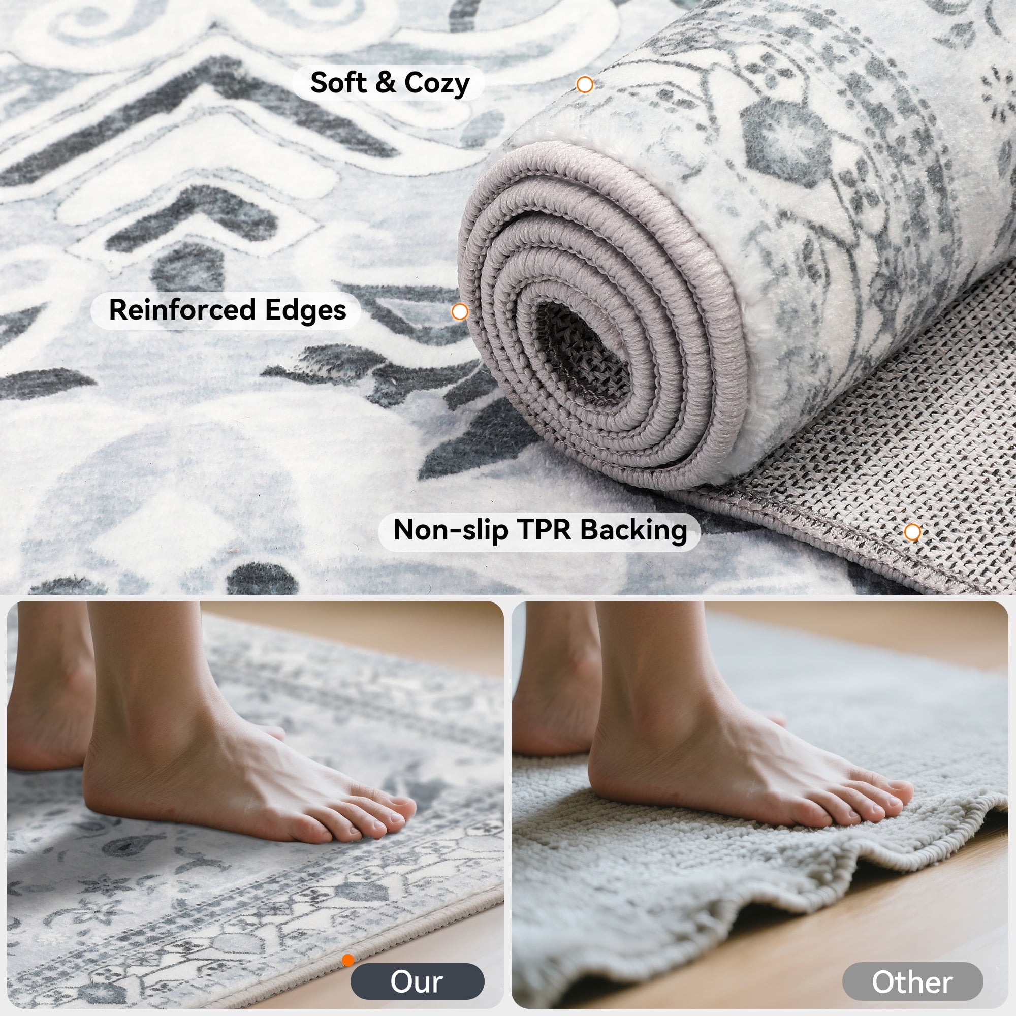 Lalado 8ft x 10ft Area Rugs for Living Room Washable Rugs Boho Floral Carpet Soft Low Pile Non-Slip Rug for Bedroom Dining Room Indoor Vintage Home Decor, Gray