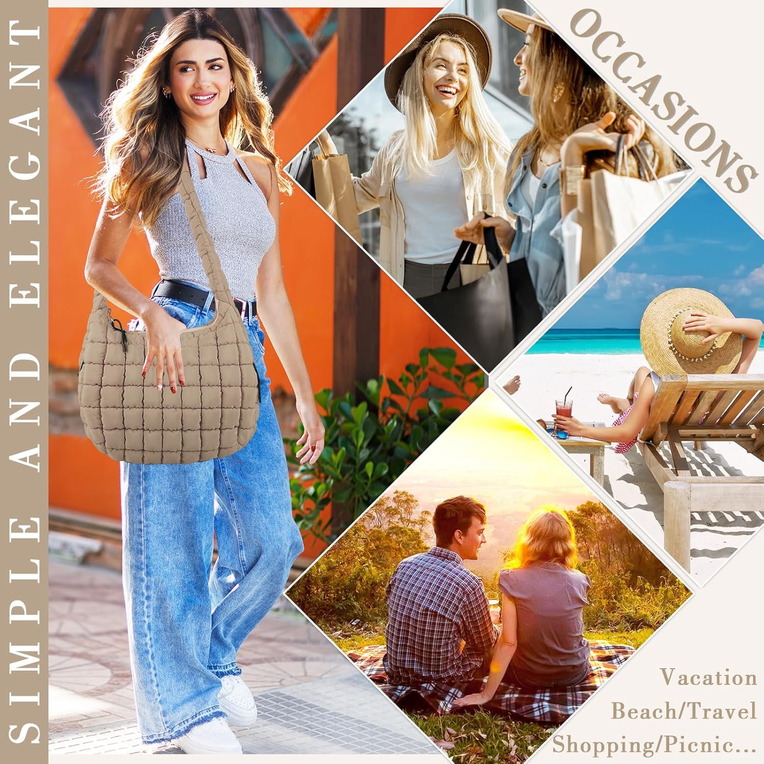 Lohol Quilted Puffer Tote Bag for Women - Large Crossbody Bag, Lightweight Nylon Puffy Carryall Hobo Puff Shoulder Bag-Khaki