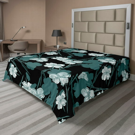 Ambesonne Nature Flat Bedding Sheet Soft Top Sheet, Flower Silhouette Abstract, California King, Dark Cadet Blue and Grey