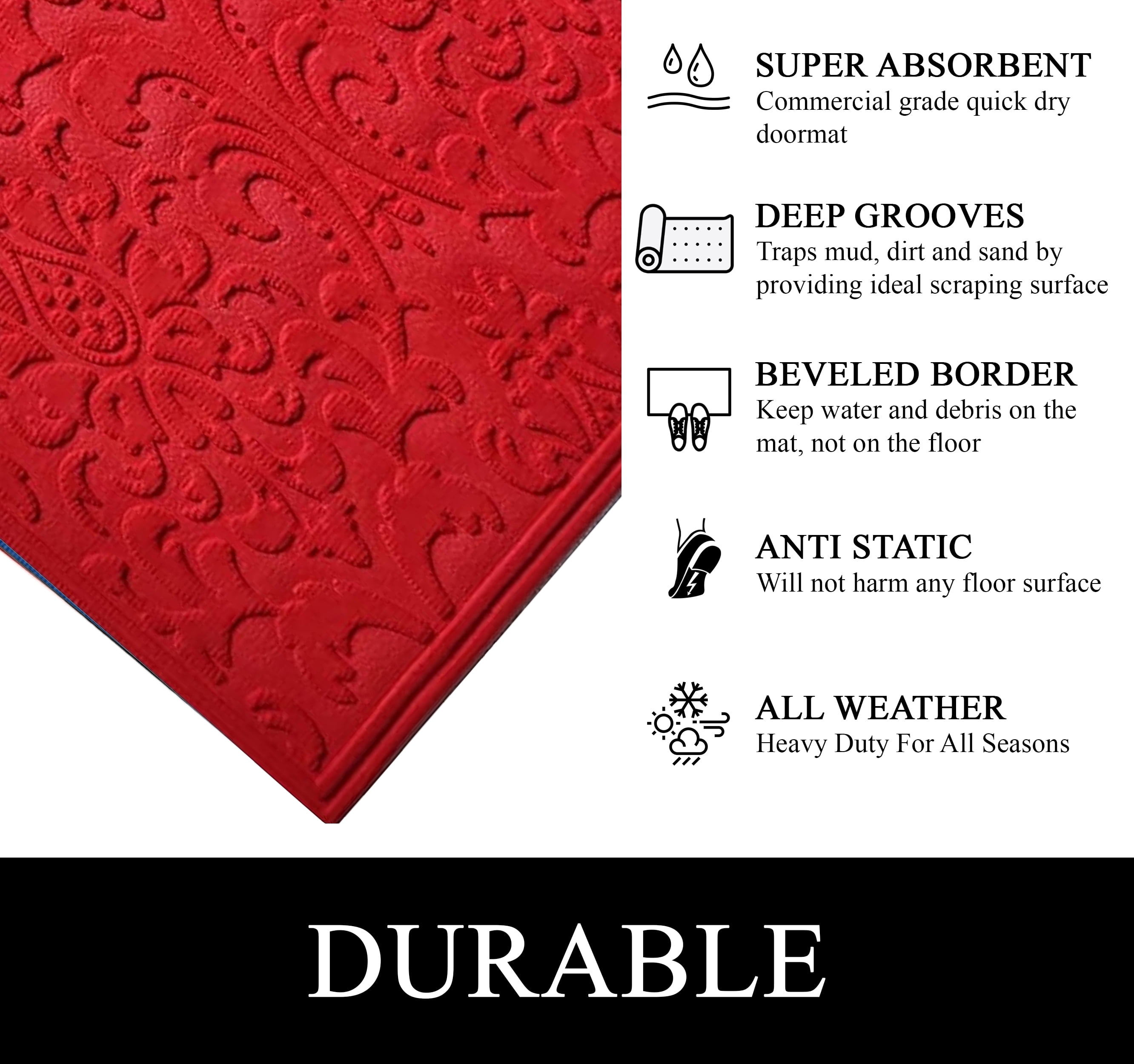 A1HC All Weather Dirt and Moisture Absorbing Polypropylene(PP) Door Mat with Tire Crumb Rubber Backing, Indoor Outdoor Use, Red, 24x36 Inch
