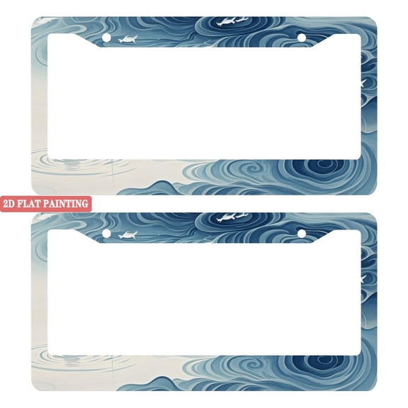 2Packs License Plate Frames with Blue Wave Water Pattern Includes Screws & Caps Full Accessories Included Size 6.3x12.2inch(16x31cm)