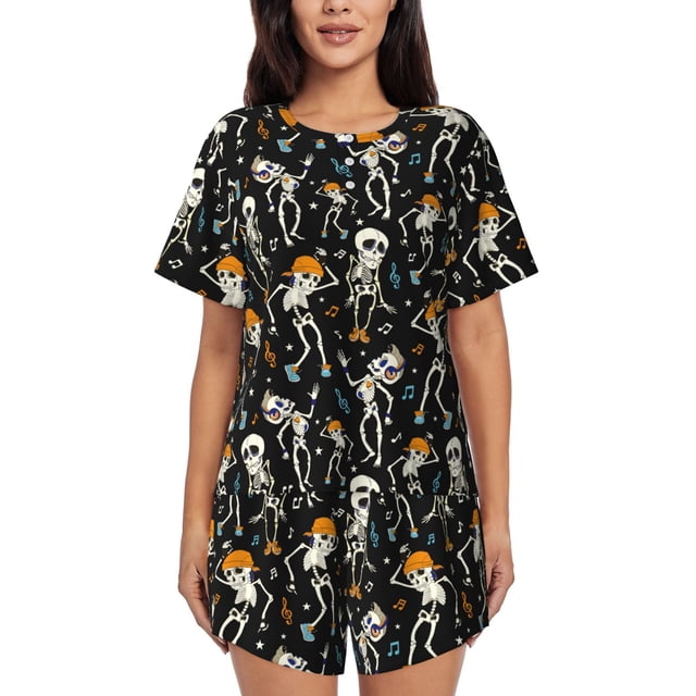 Balery Dancing Skeleton Party Conjunto de Pijama para Mujer con Estampado, Dos Piezas de Manga Corta y Shorts, Ropa de Dormir Suave con Cuello Redondo y Bolsillos-4X-Large