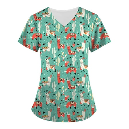 

Ernkv Summer Scrubs with Pocket for Women Clearance Animal Printed Tops Short Sleeve Trendy Tees V Neck Shirts Nursing Working Uniform Vintage Fashion Clothing Mint Green S