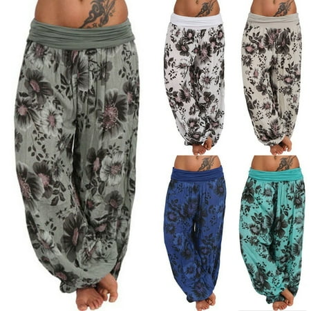 

Taluosi Plus Size Women Bohemia Flower Print Aladdin Harem Pants Wide Leg Trousers