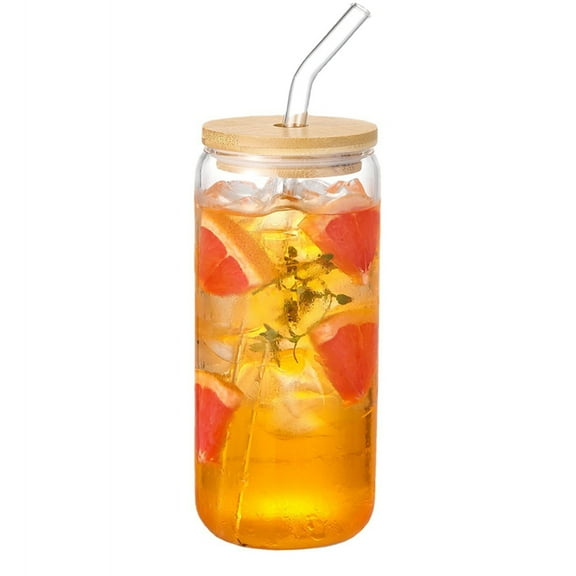 Bxaolu 1Pack Glass Cups with Bamboo Lids and Straws, 16OZ Ice Coffee Cup, Drinking Cup Set with Wooden Lids, Home Essential Glass Tumblers for Beer, Cocktail, Tea and Latte, Clear