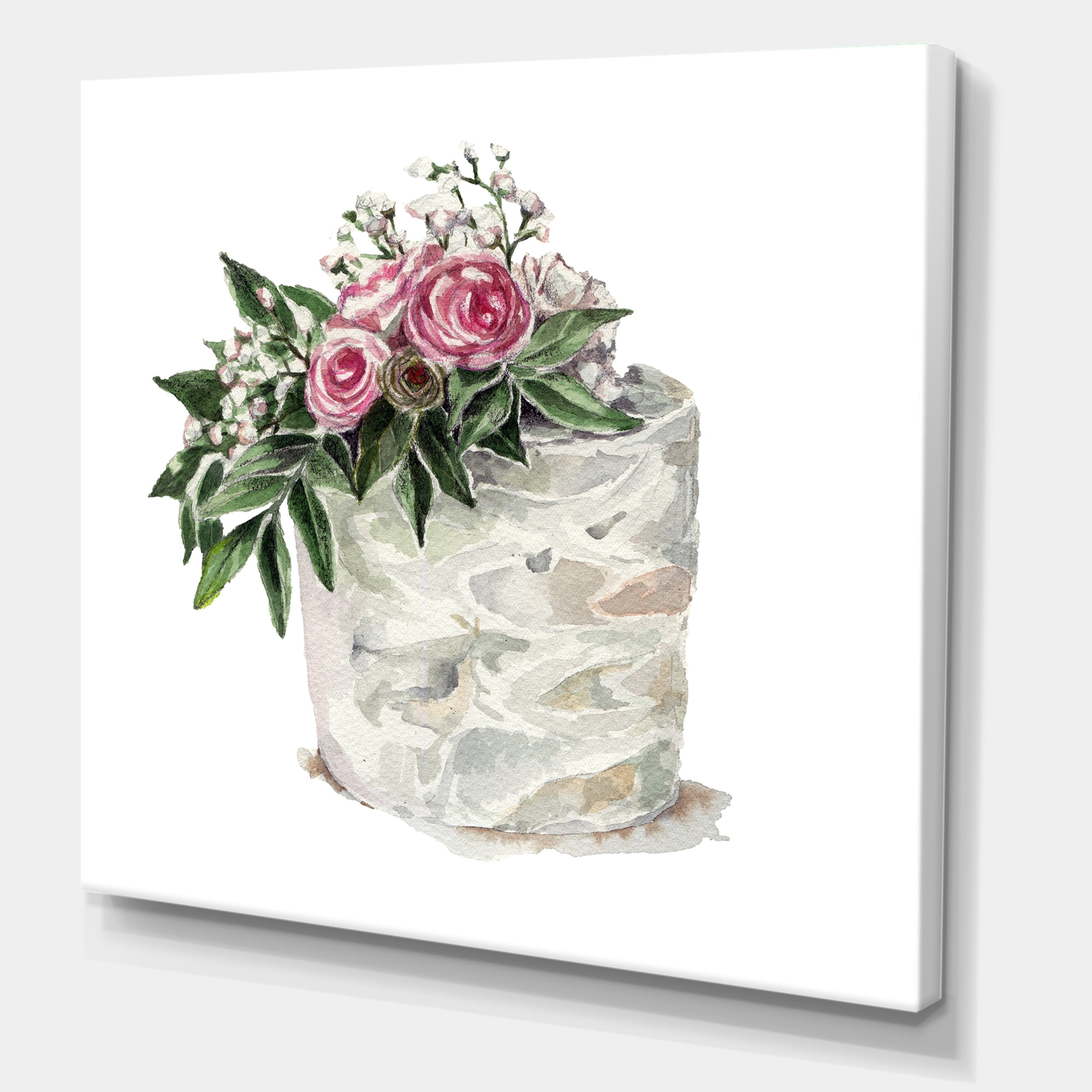 White Flowers and Pink Roses On Cake 16 in x 16 in Painting Canvas Art Print, by Designart