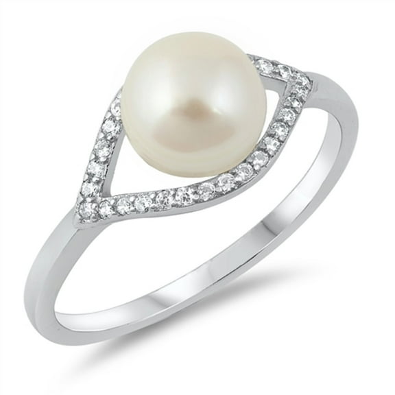 Simulated Pearl Bead Center Clear Cubic Zirconia Eye Design Ring Sterling Silver Size 6