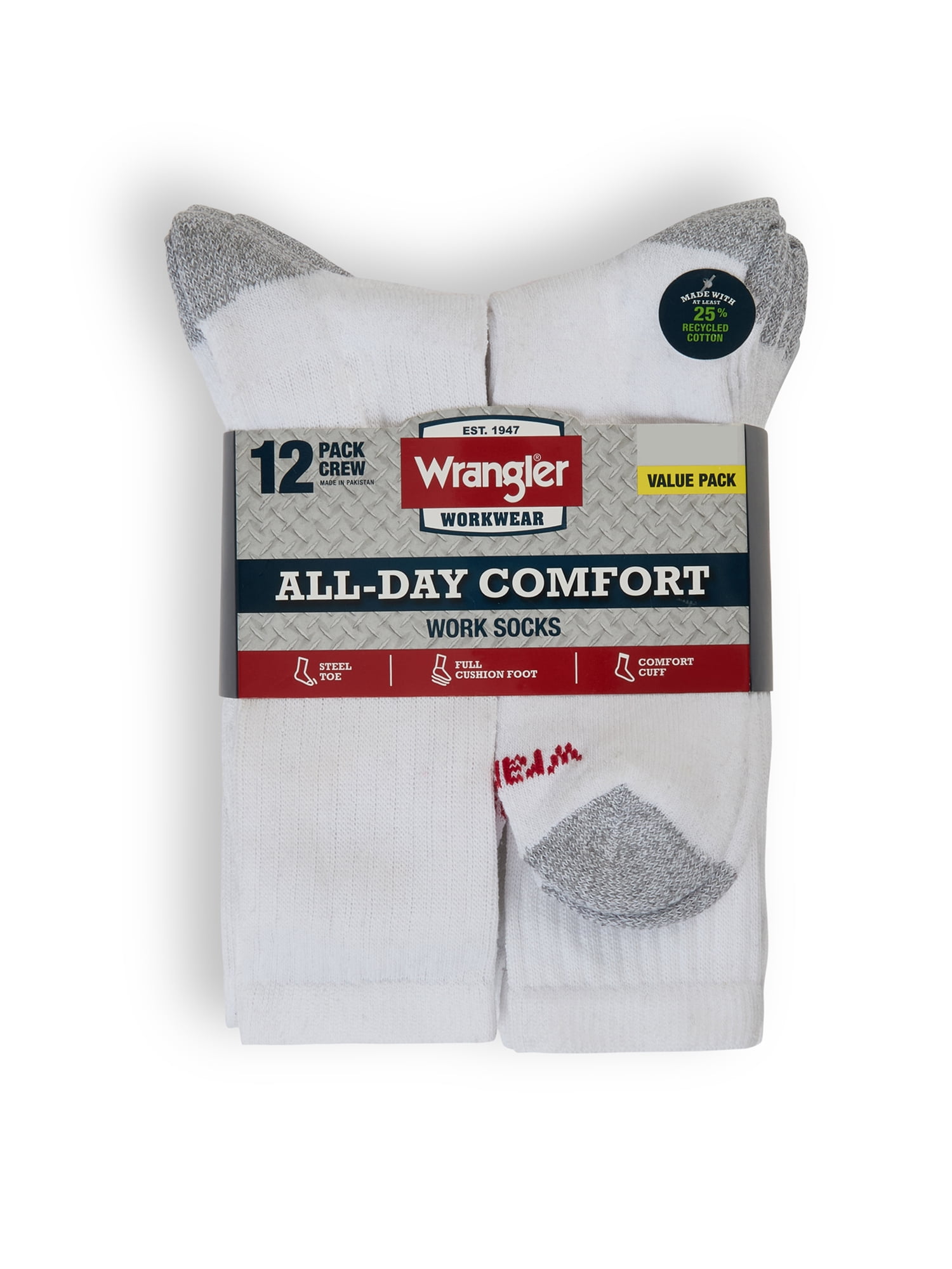 Wrangler Cushioned Crew Work Socks, Size 13-15, White, 12 Pairs