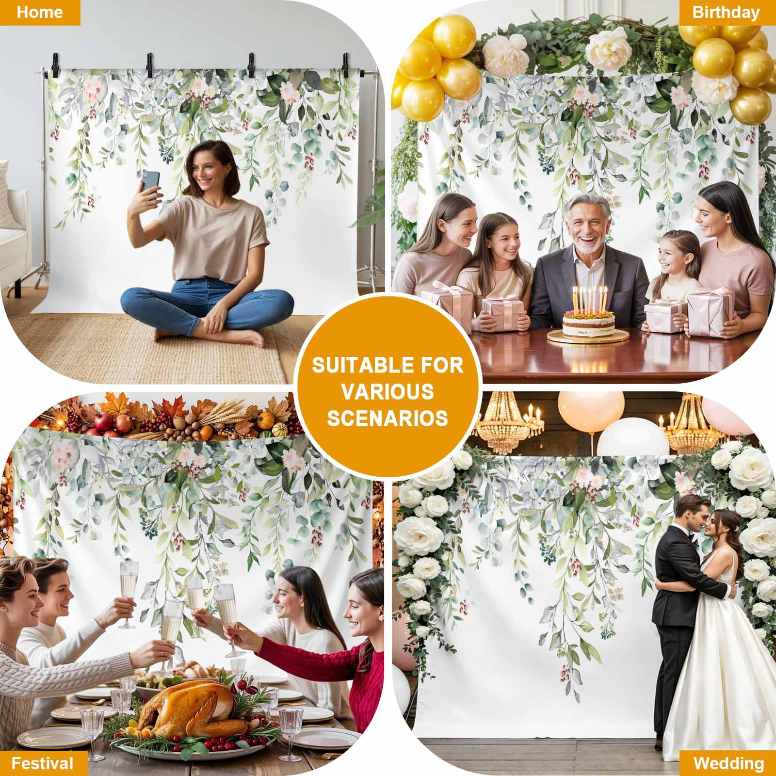 7x5ft Photo Backdrop, Sage Green Eucalyptus Soft Polyester Backdrop Curtains Photography Backdrops, Pink Floral Buds Summer Pastoral Brushed Background for Photoshoots Studio Video Portrait Parties