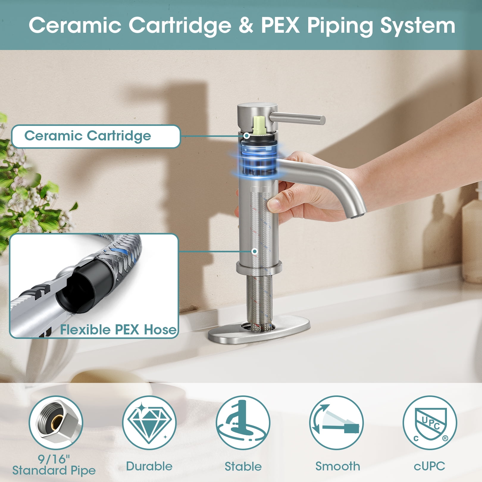 Wowkk Sanitary Ware Bathroom Faucets Stainless Steel Single Handle Bathroom Sink Faucet with Pop up Drain and PEX Encrypted Hose, Modern Bathroom Faucets for Sink 1 or 3 Holes, Brushed Nickel