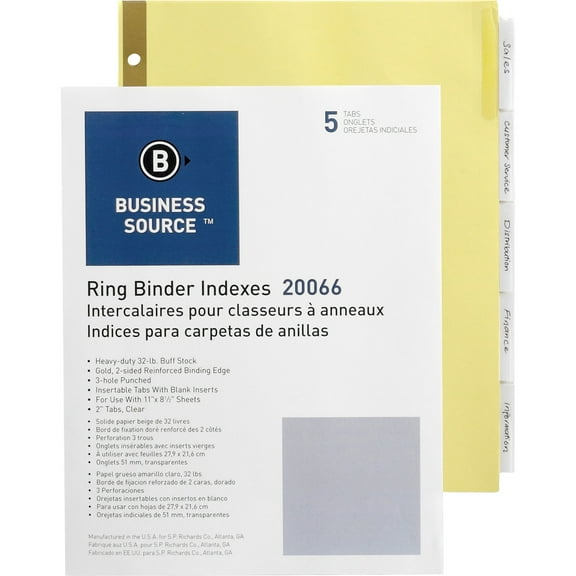 Business Source Insertable 5-Tab Ring Binder Indexes - 5 x Divider(s) - 5 Tab(s)/Set2" Tab Width - 8.5" Divider Width x 11" Divider Length - Letter - 3 Hole Punched - Buff Divider | Bundle of 5