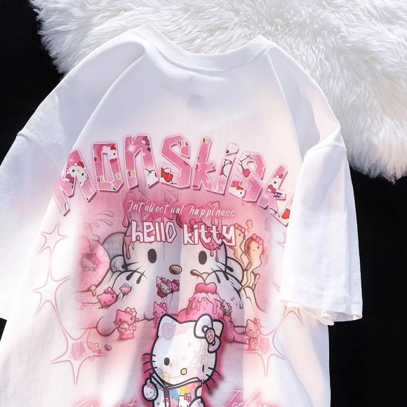 Hello Kitty Sanrio Cotton White T-shirts Women Y2k Kawaii Anime Print Summer Tops Streetwear Plus Size Women Clothing