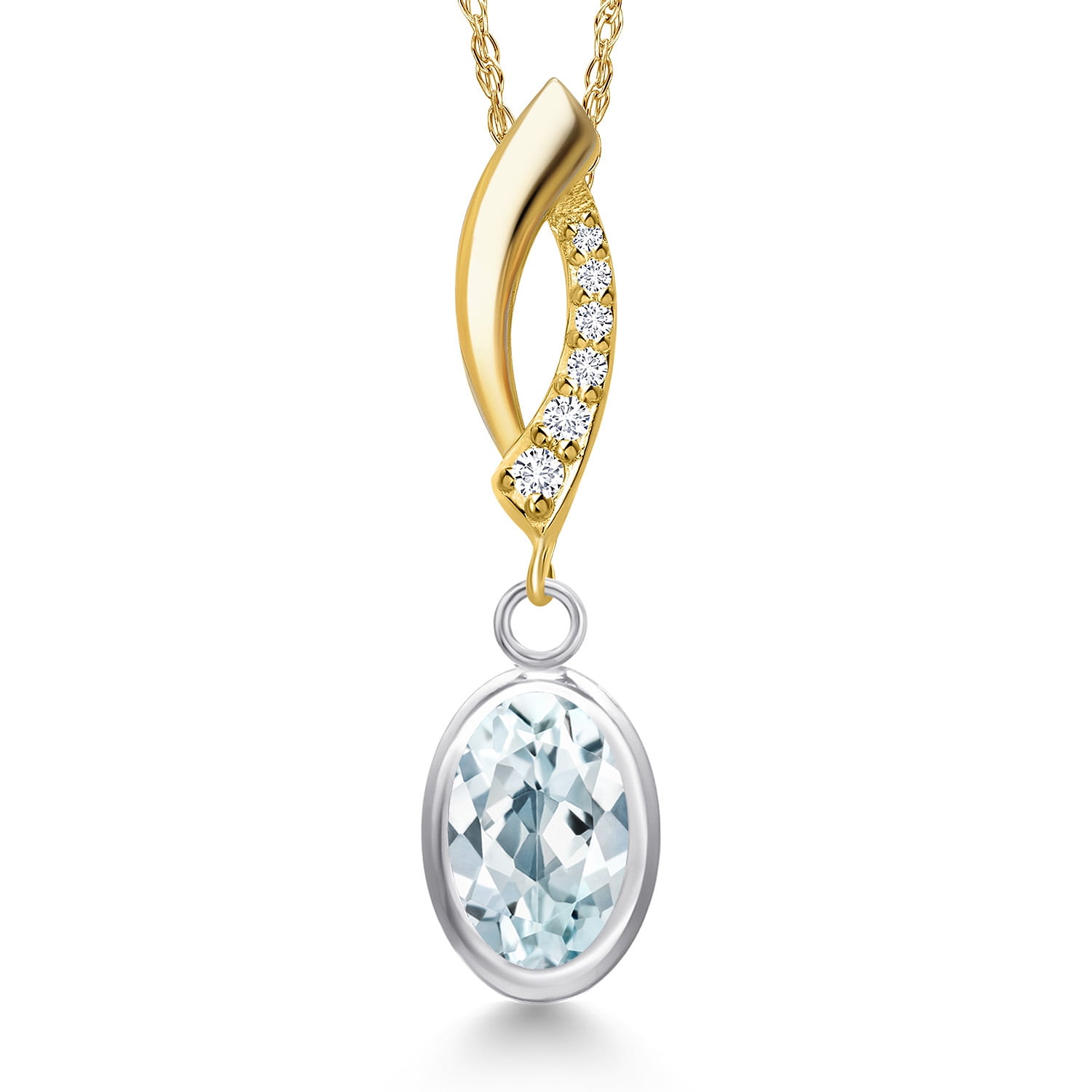 Gem Stone King 925 Silver and 10K Yellow Gold Sky Blue Aquamarine and Lab Grown Diamond Pendant Necklace for Women | 1.23 Cttw | Gemstone March Birthstone | Oval 8X6MM | With 18 inch Chain