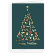 25 Count Card Pack, Business Christmas Cards with Foil Lined Envelopes (Happy Holidays Construction Tree), For Construction Industry