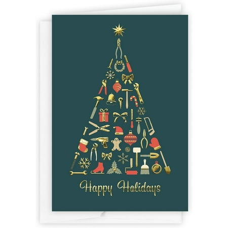 25 Count Card Pack, Business Christmas Cards with Foil Lined Envelopes (Happy Holidays Construction Tree), For Construction Industry