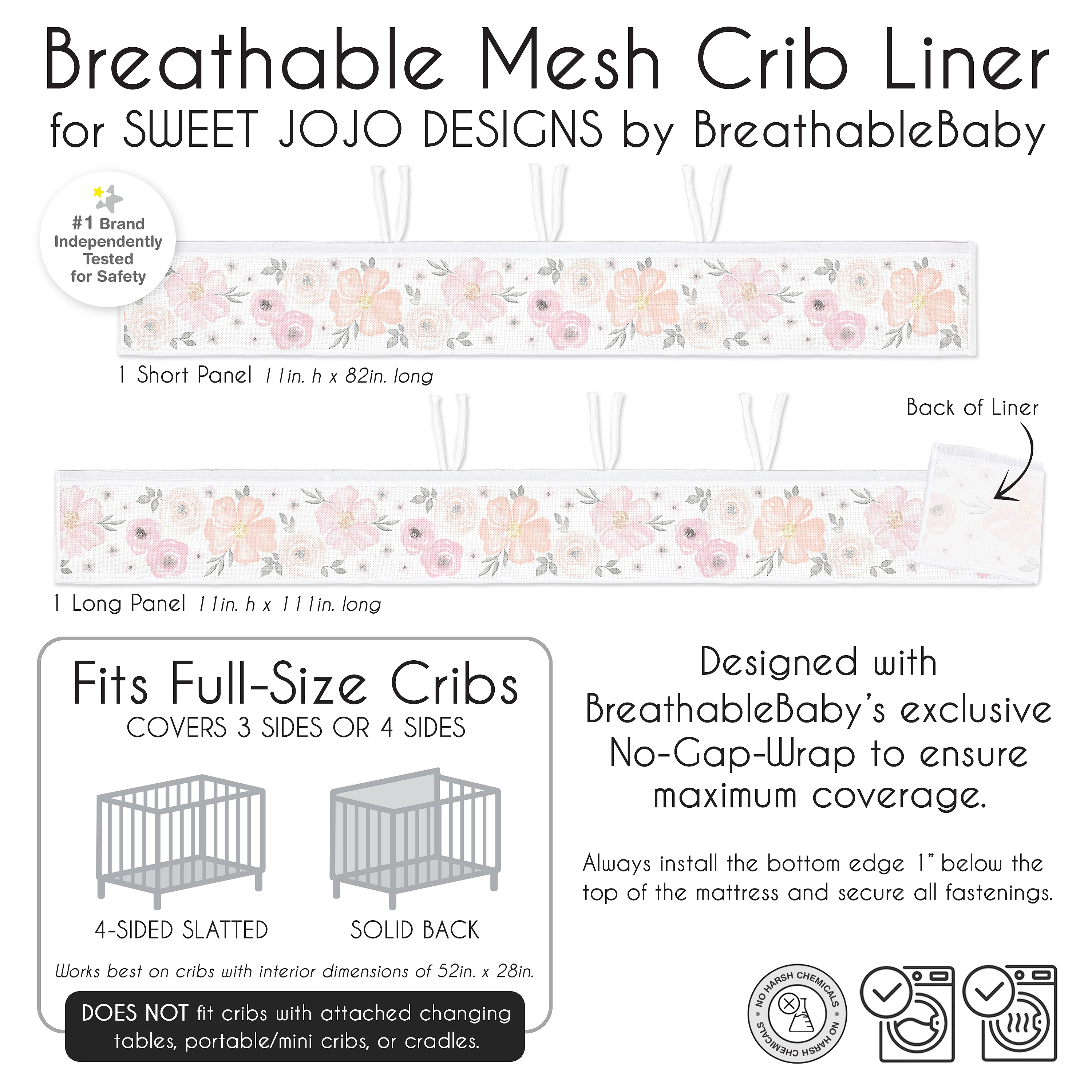 Sweet Jojo Designs + BreathableBaby Watercolor Floral Pink Grey and White Breathable Mesh Crib Liner Pad