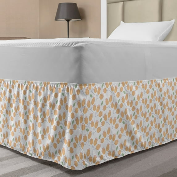 Floral Bed Skirt, Rhythmic Abstract Modern Motifs Art Botanic Flowers on Plain Backdrop, Elastic Bedskirt Dust Ruffle Wrap Around for Bedding Decor, 4 Sizes, Peach Pale Almond Green, by Ambesonne