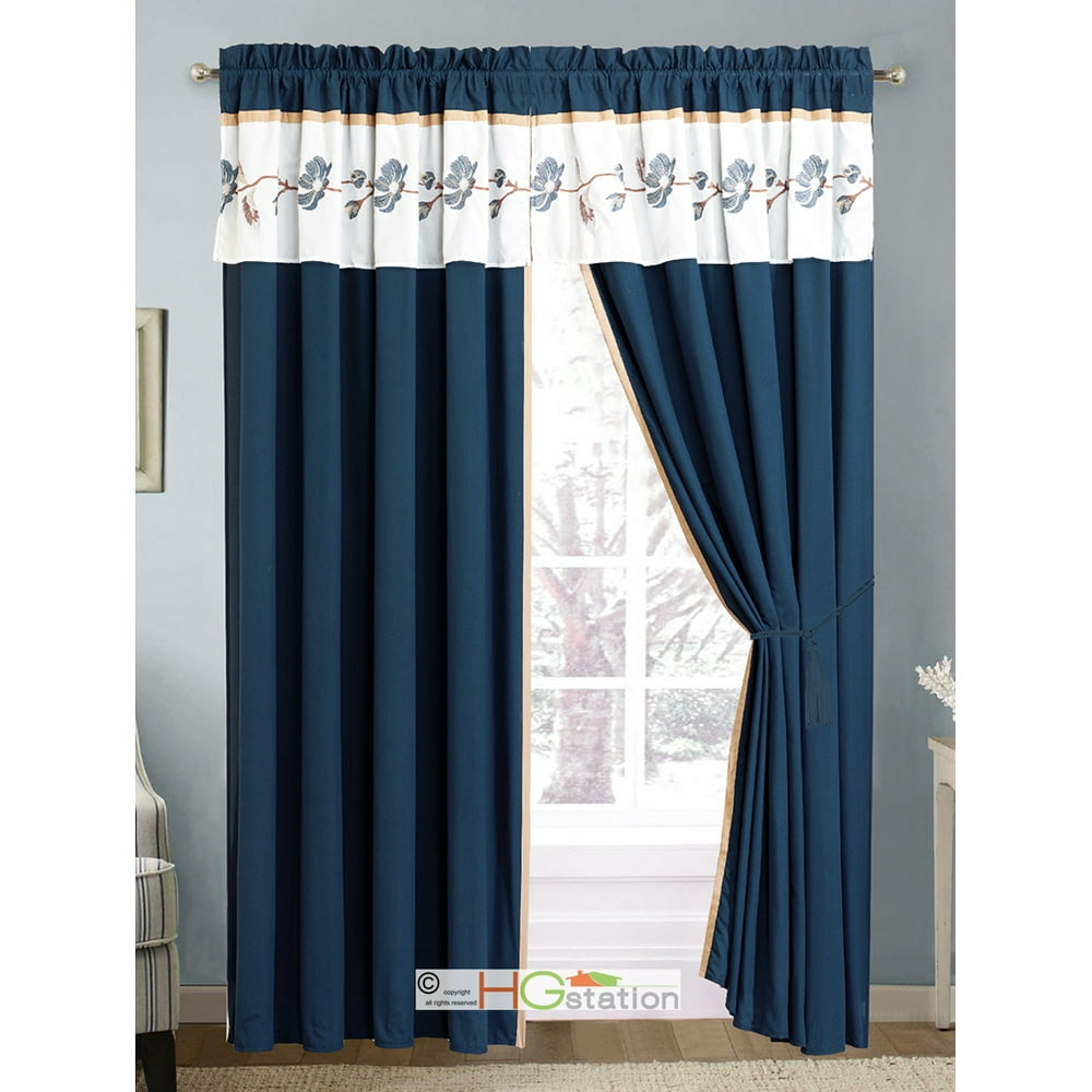 4Pc Floral Vine Blossom Embroidery Curtain Set Navy Blue Tan OffWhite