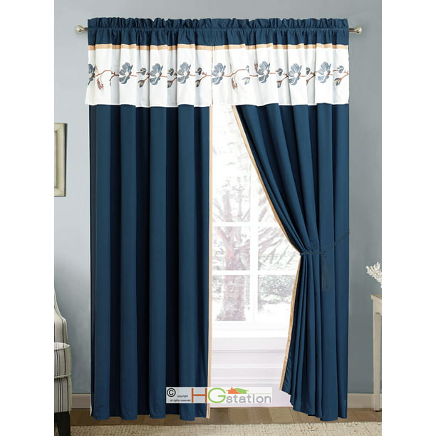 4 Pc Fl Vine Blossom Embroidery, Navy Blue And White Curtains