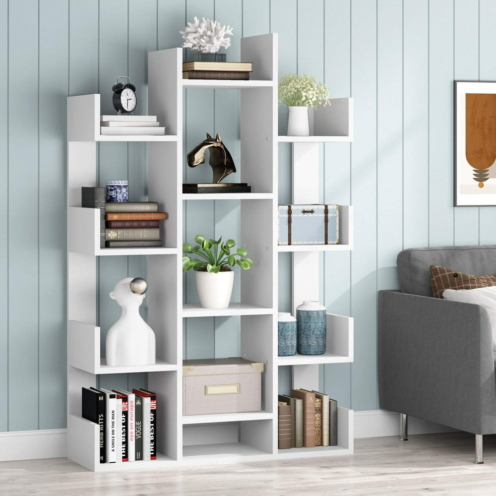 Modern Wide Bookshelf, 12 Open Shelves Bookcase Vintage Book Shelves