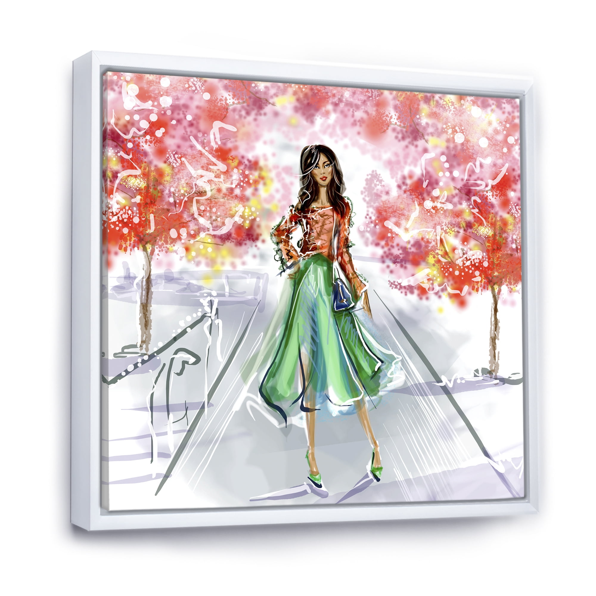 Designart 'Beautiful Woman Wearing Fashionable Clothes In Park' Traditional Framed Canvas Wall Art Print