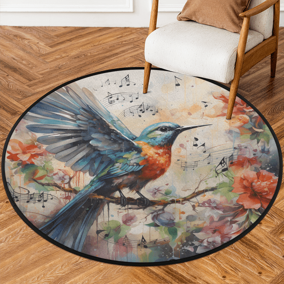CURLYOOT Round Rug 3ft Hummingbird Flower Area Rug, Washable Circle Mat Non Slip Floor Carpet Mat, Soft Indoor Rugs for Entryway Living Room Dining Room Bedroom