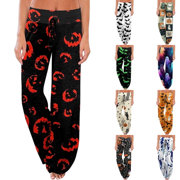 Halloween Pajama Pants for Women Cartoon Pumpkin Ghost Sleepwear Wide Leg Pants Puls Size Dance Bottoms