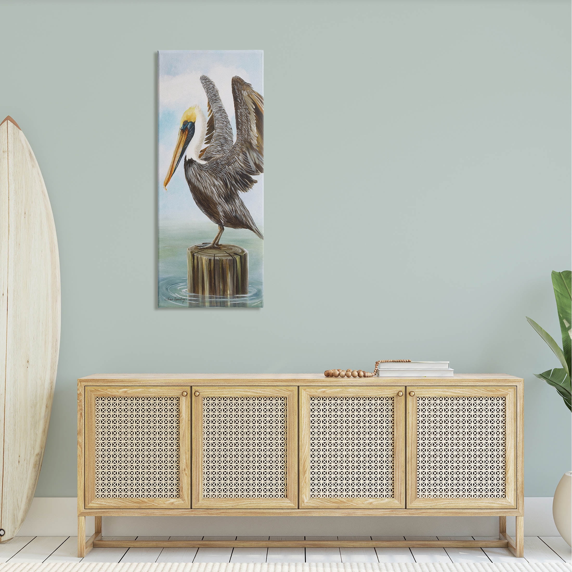 Pelican Grazing Sea Water Animals & Insects Painting Gallery Wrapped Canvas Print Wall Art
