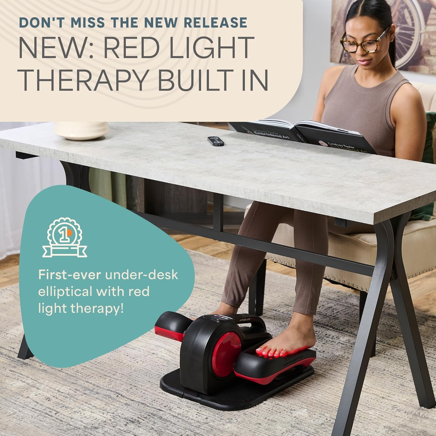 Lifepro AutoGlide Under Desk Elliptical - Motorized Pedal Exerciser with Red Light Therapy - Red