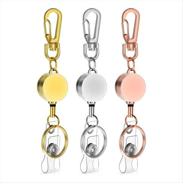 Carrete de RetráCtil de Metal de 3 Piezas, RetráCtil Resistente con Cadena y MosquetóN, con Clip para CinturóN, Soporte para Tarjeta de IdentificacióN