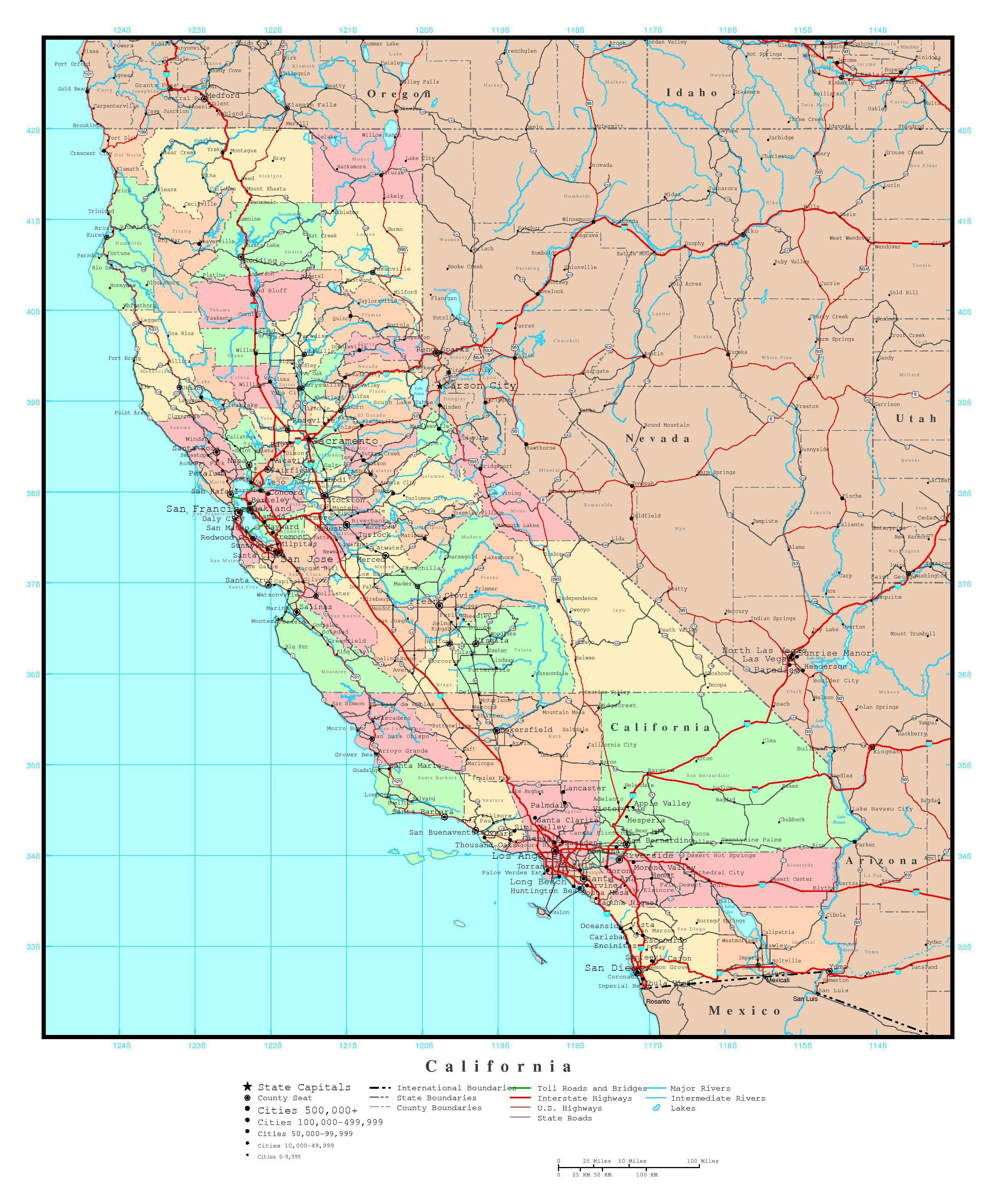 Laminated Map Large Detailed Administrative Map Of California State