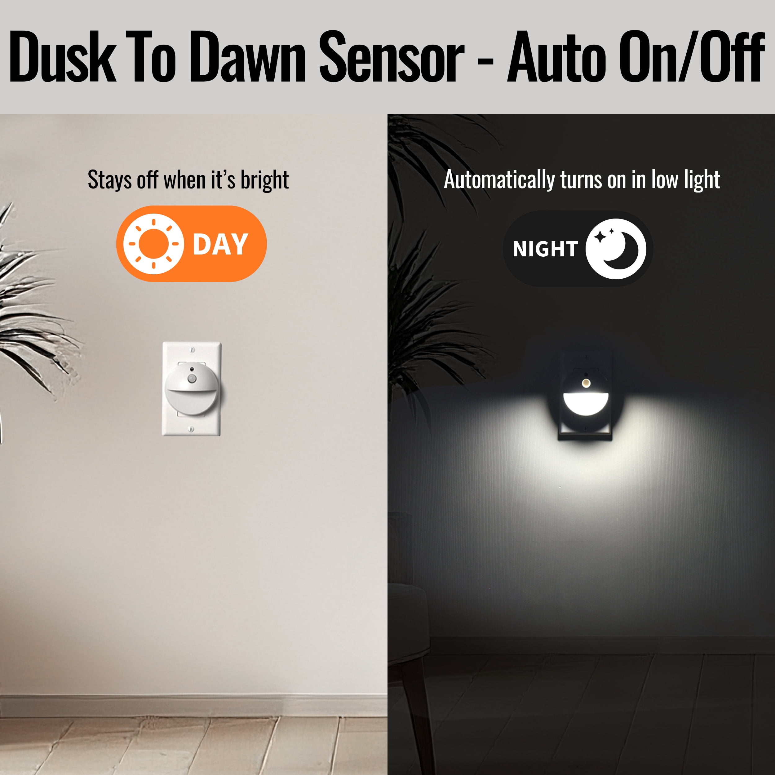 (2 pack) BH&G 2.65" Round LED Night Light, Daylight, Dusk to Dawn, High-Low Mode Activated by Motion White