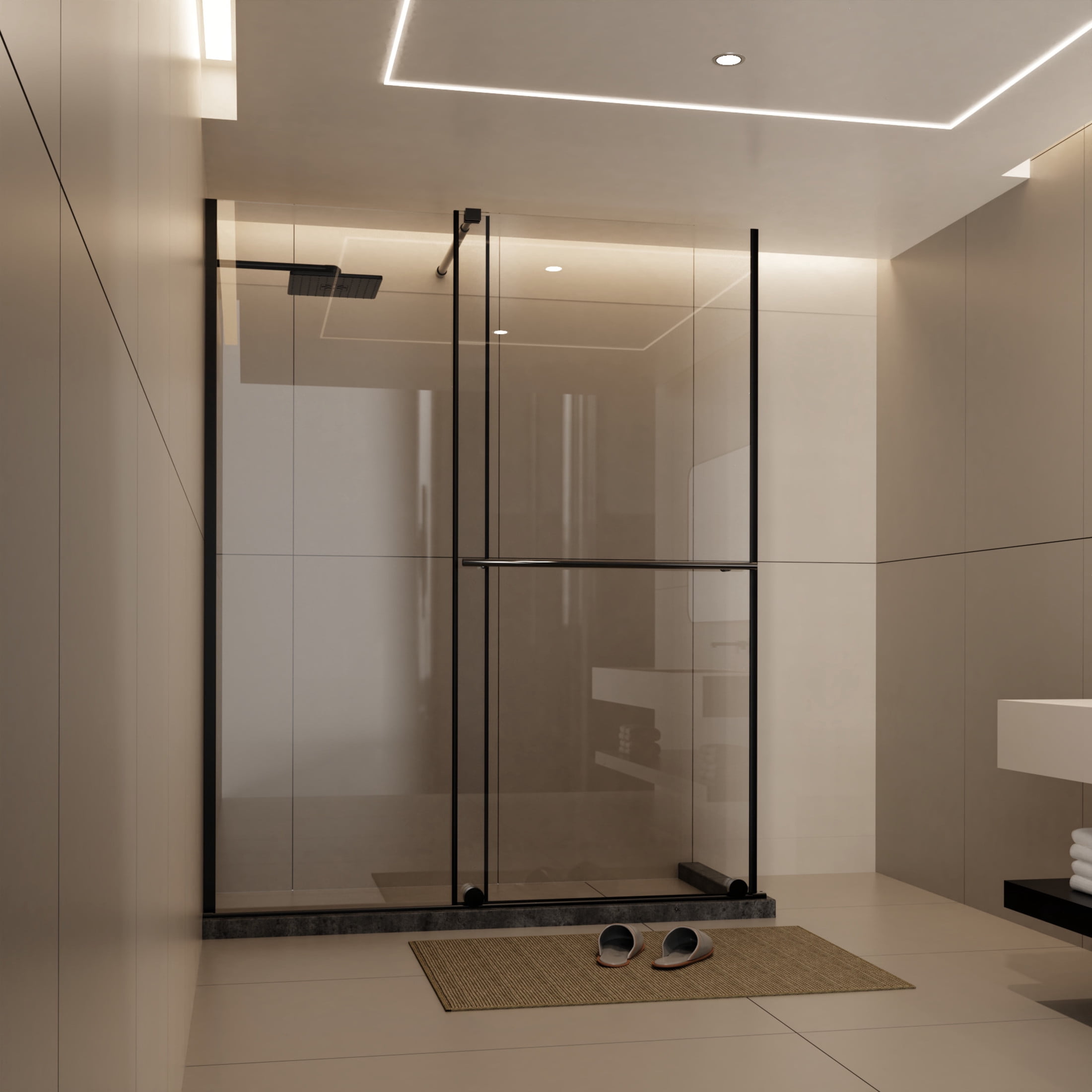 Noble House 60" x 72" Sliding Shower Door, Clear Tempered Glass with Adjustable Support Bar and Steel Handle, Black
