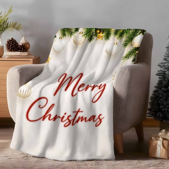 Throw Blanket Fleece Throw Blanket 40x50in, Merry Christmas Words Soft Lightweight Bed Blankets Green Pine Branch Fuzzy Couch Blankets for All Season