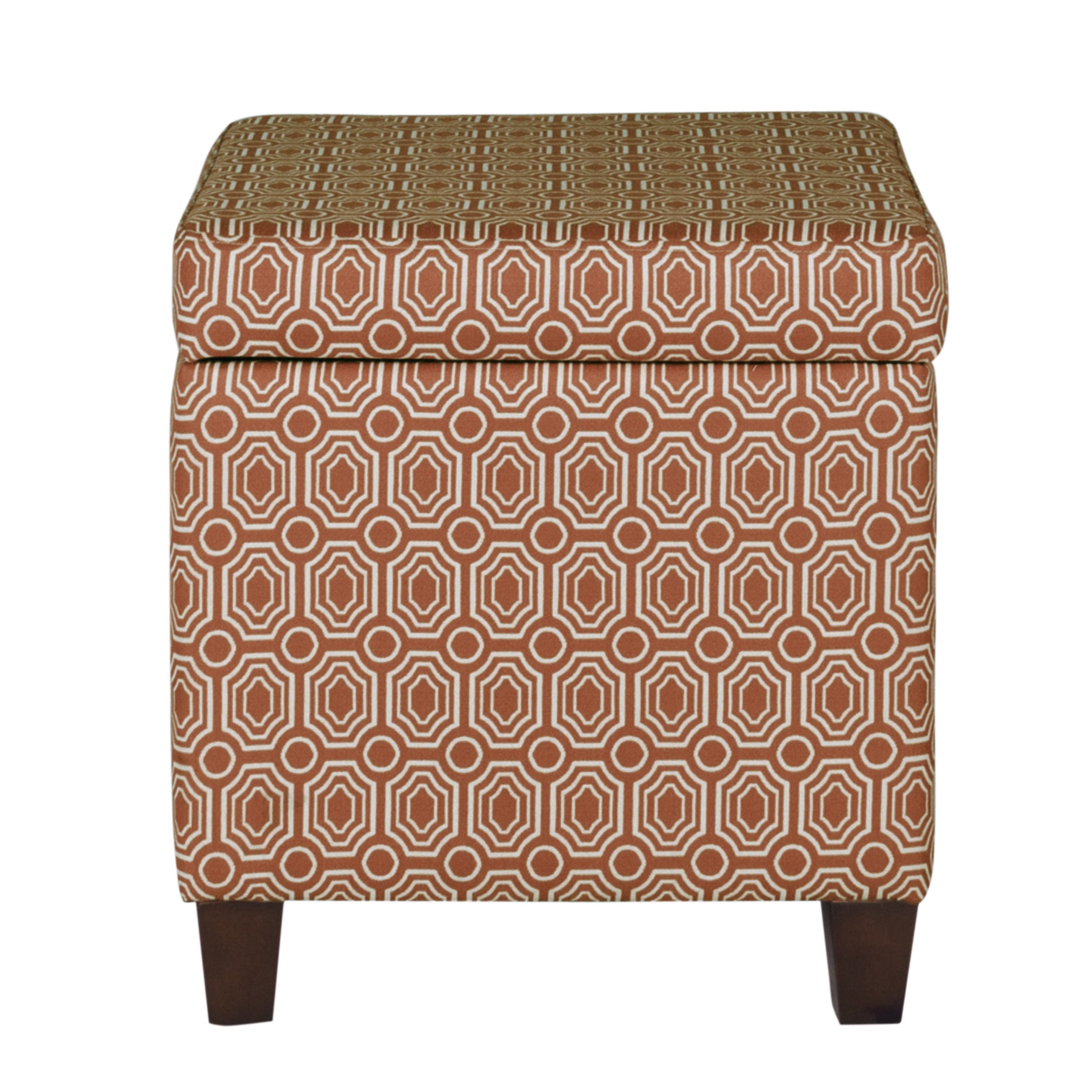 Geometric Patterned Square Wooden Ottoman with Lift Off Lid Storage Orange and Cream - Saltoro Sherpi