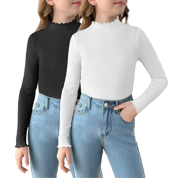 Oudiya 2 Packs Girls Lettuce Trim Mock Neck Long Sleeve Shirts Slim Fit Base Layer Ribbed Knit Tops Tees, 5-12Y